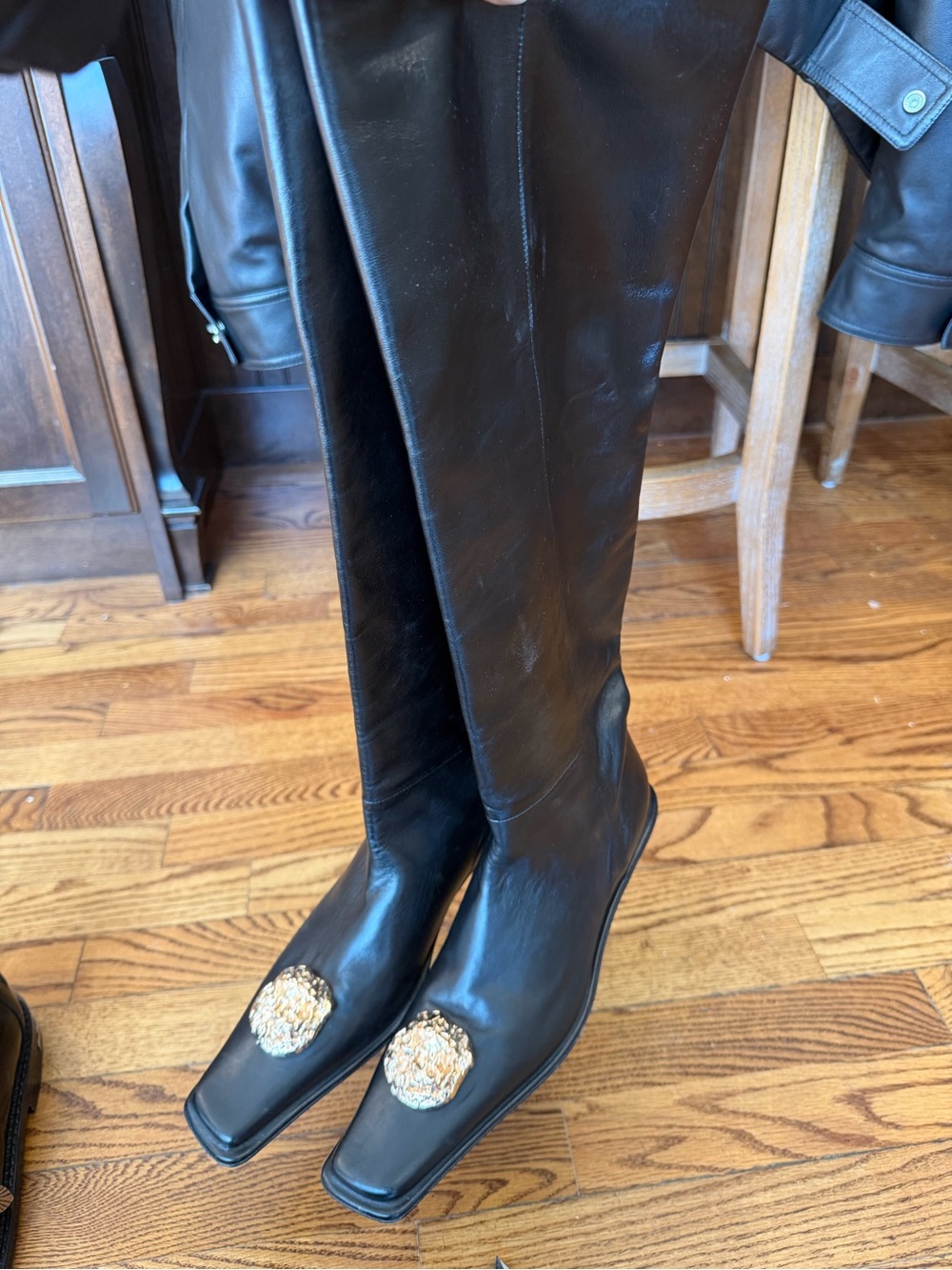 Jil Sander Black Leather Tall Boots with Gold Medallion